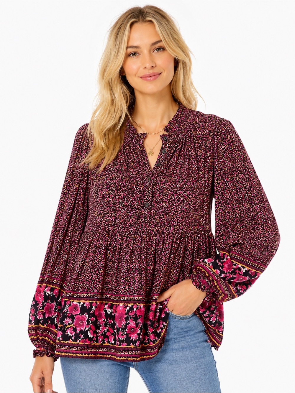 Mystree Size Small Boho Floral Peasant Blouse - Magenta Pink
